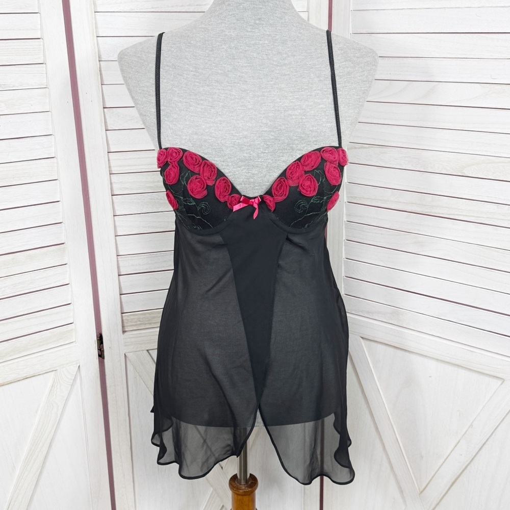 Delicates Rosettes Sheer Chiffon Camisole Babydoll Nightie Black Small